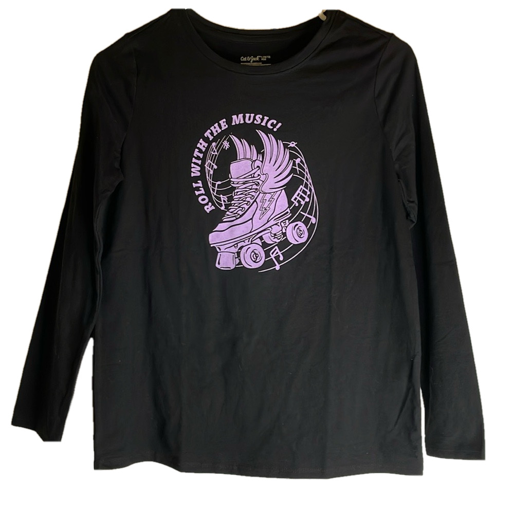 CAT & JACK Winged “Roll with the Music” Graphic Tee, Girls L, Black Lilac